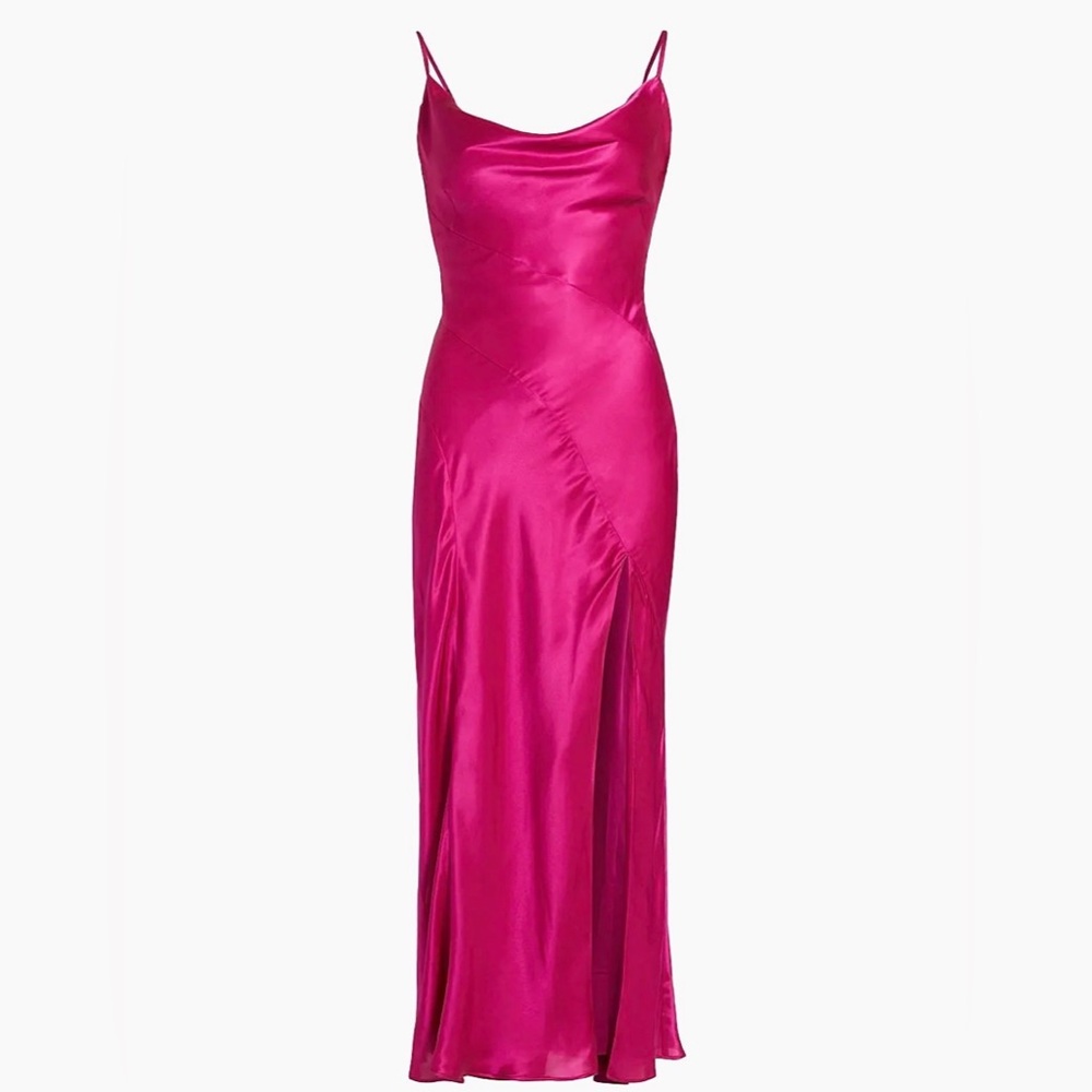 NICHOLAS Hot Pink Satin Cowl-Neck Maxi Dress with Front Slit - Picture 3 of 5